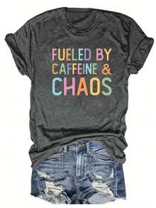 SHEIN CURVE+ Ultra-Large Women's Casual, Colorful Letters And Coffee Pattern Round-Necked Short-Sleeved T-Shirt, Simple Design, Comfortable Pattern Short-Sleeved T-Shirts. - Dark Grey - View 1