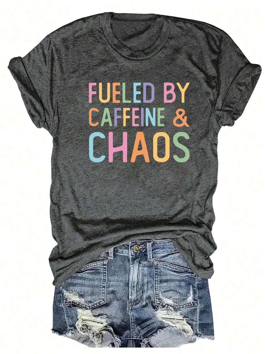 SHEIN CURVE+ Ultra-Large Women's Casual, Colorful Letters And Coffee Pattern Round-Necked Short-Sleeved T-Shirt, Simple Design, Comfortable Pattern Short-Sleeved T-Shirts. - Dark Grey - View 1