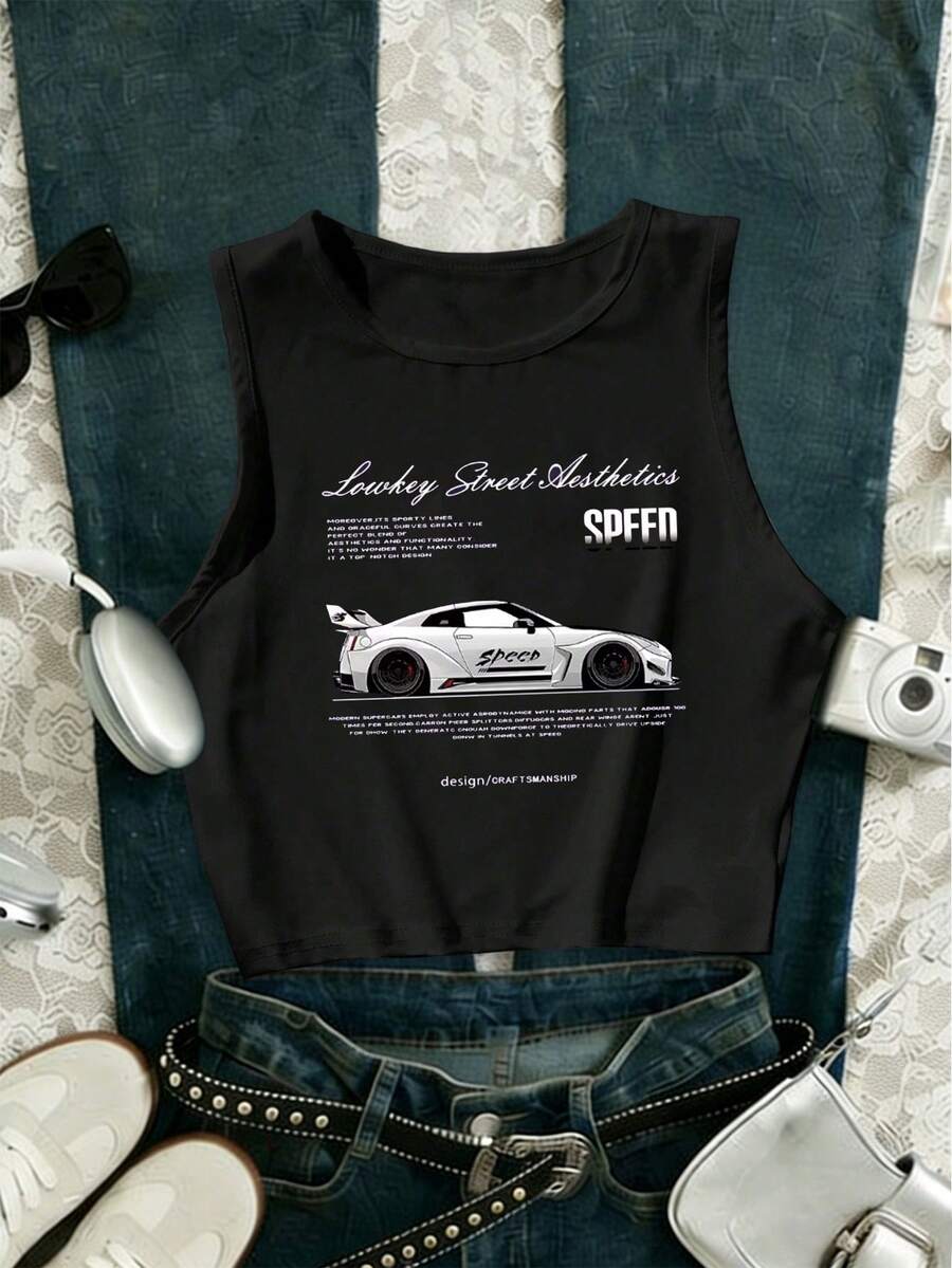 Glimmora 女士背心/休闲简约汽车印花/黑色修身无袖上衣/女士高腰修身圆领吊带衫/夏季款式 - 黑色 - 查看 1