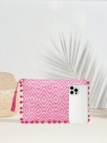 SHECARRY Women's Versatile Bohemian Casual Vacation Beach Diamond Pattern Fuchsia Tassel Pompom Clutch Bag, Prom Bag For Party - Burgundy - View 3