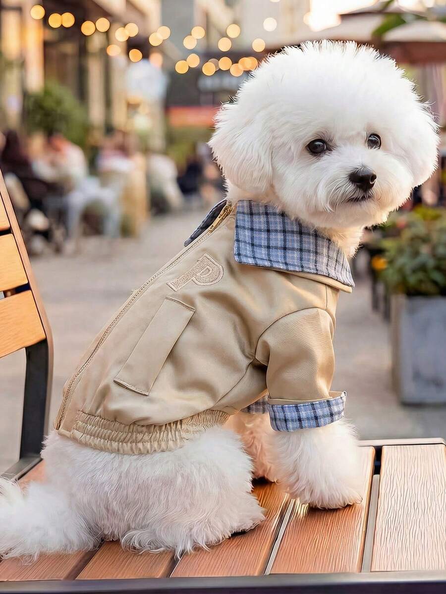 PETSIN 1件卡其色宠物拉链外套，春秋季休闲凉快外套，猫狗通用服装 - 卡其色 - 查看 1