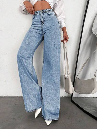 ZIRRA Pantalones vaqueros de mujer de cintura alta y pierna ancha, ajuste delgado, pantalones casuales de mezclilla para mujeres