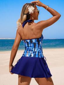 Swim Lushoire New Arrival Sexy & Elegant Women's Tankini Swimsuit Set, Summer Beach Vacation Swimwear, Blue Geometric Print Top & Solid Navy Bottoms - Multicolor - View 2