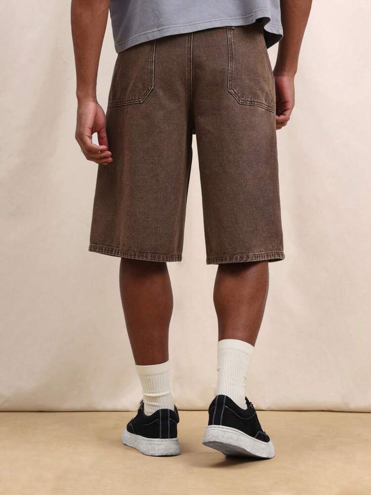 SUMWON Men's Relaxed Fit Brown Denim Jorts Knee Length Bermuda Style Casual Summer Shorts With Pockets Classic Vintage Wash