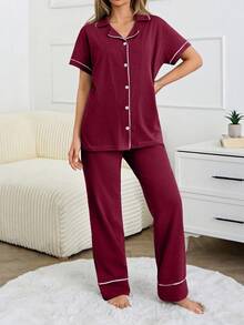 SHEIN Classic Button Front Pajama Set – Soft Long Sleeve Top & Comfy Straight Leg Pants Loungewear - Burgundy - View 5