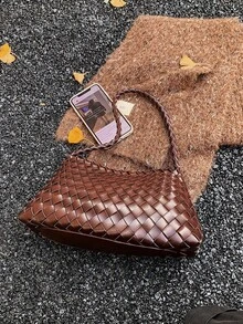 Glamine 2026新款咖啡色纯手工编织包 度假风单肩包、腋下包、母婴包、手提包 商务女士休闲时尚日常通勤包，适合工作、购物、约会、旅行、大学生、女士包、日常使用（不含配件） - 咖啡 - 查看 6