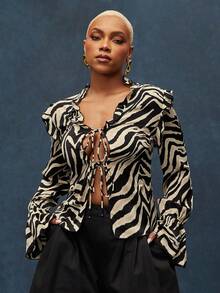 Vixey Zebra Print Sheer Chiffon Self Tie Bell Sleeve Shirt, Resort Wear, Vacation Top, Beach To Dinner, Day To Night - Multicolor - View 3