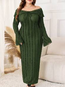 Modelyn Plus Size Women's Off-Shoulder Ruffle Long Sleeve Fitted Lace Patchwork Elegant Dress - Olive Green - View 7