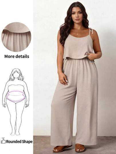 Enliva Plus Size Apricot Woven Fabric Jumpsuit: Casual, Sleeveless, Spaghetti Strap, Long, Knot Detail, For Apple And Rounded Body Shape, For Summer