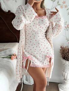 CottageSlumber 2pcs Women's Romantic Ditsy Floral Long Sleeve Robe And Camisole Lace Trim Bowknot Pajama Set - Multicolor - View 6