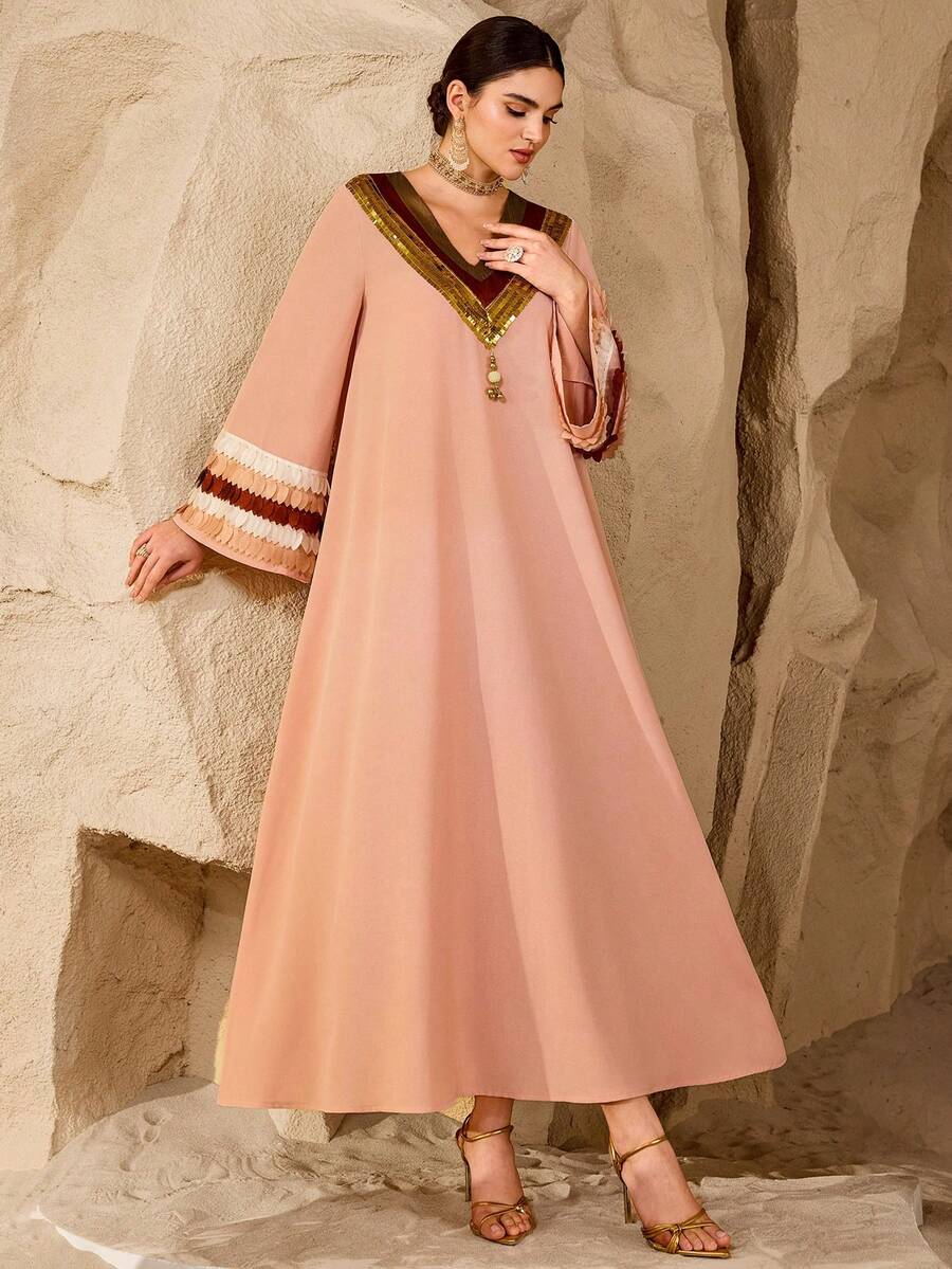 SHEIN Najma Elegante vestido de lujo de manga larga con estampado de batik para mujeres - Rosa - Ver 1