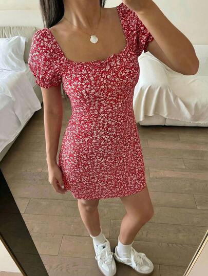 Teen Girl Red & White Ditsy Floral Bow Collar Fitted Puff Sleeve Mini Dress, Suitable For Party, Vacation, Coastal Grandma Outfit,Kids