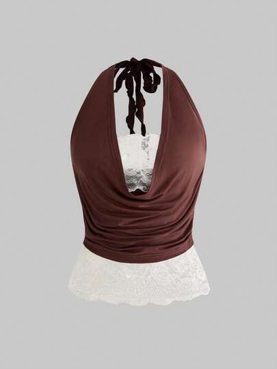 ROMWE Hippie Women's Retro Vintage Music Festival 2 In 1 Contrast Color Lace Patchwork Draped Neck Camisole