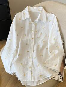 Resyla Women's Ditsy Floral Loose Regular Chiffon Drop Shoulder Long Sleeve Shirt And Shorts Set - White - View 3