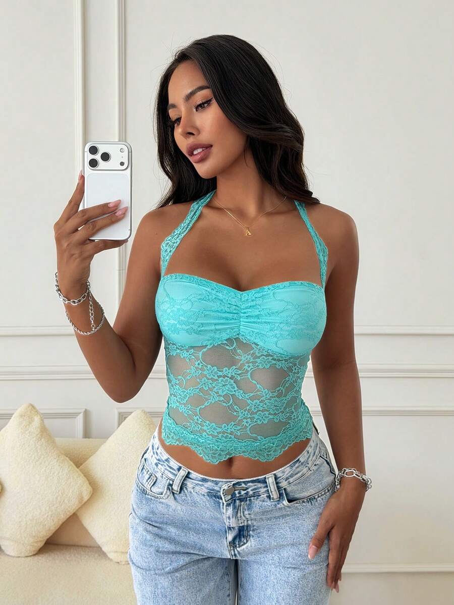 Slaydiva 新款春夏音乐节、情人节、复活节、婚礼季、假日季、海滩度假、休闲、优雅、通勤、日常穿着、工作服、度假、派对、邮轮、派对、基础款、日常约会、Y2K、性感露背、吊带、罩杯、心形领口、蕾丝边、下摆、冰蓝色蕾丝上衣、女士背心 -A - 藍色 - 查看 1