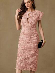 Aveloria Rosie New Fabric Patchwork Beaded Embroidered Ruffled Hem Chiffon Dress, Fitted Waist, Flowing Skirt - Baby Pink - View 5