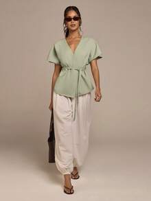 COSMINA Áo sơ mi nữ thanh lịch, vai rớt, dáng rộng, thắt eo, đa năng, thích hợp đi làm, công sở, đi chơi, mặc hàng ngày, đầu xuân. - màu xanh lá - Xem 3