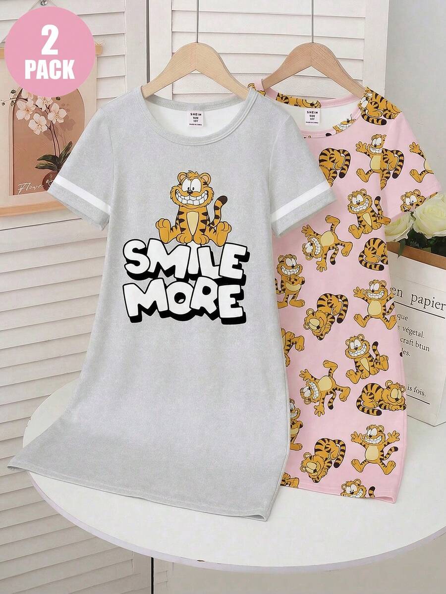 2pcs/Set Girls' Cute Tiger Cartoon Print Soft Knit Loose Sleepwear Dress & Shorts Set, Light Gray & Pink - Multicolor - View 1