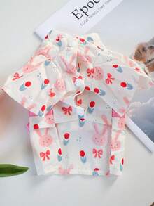 PETSIN 1件宠物可爱兔子郁金香印花和服式上衣，带大蝴蝶结装饰，柔软透气，日韩风格猫狗服装 - 彩色 - 查看 9