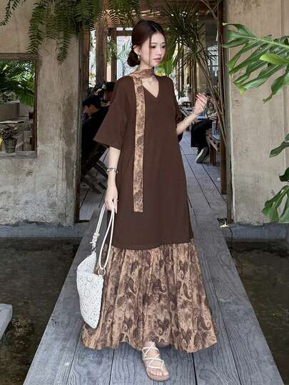 DAZY Women's Print Patchwork Tie-Up Elegant Dress