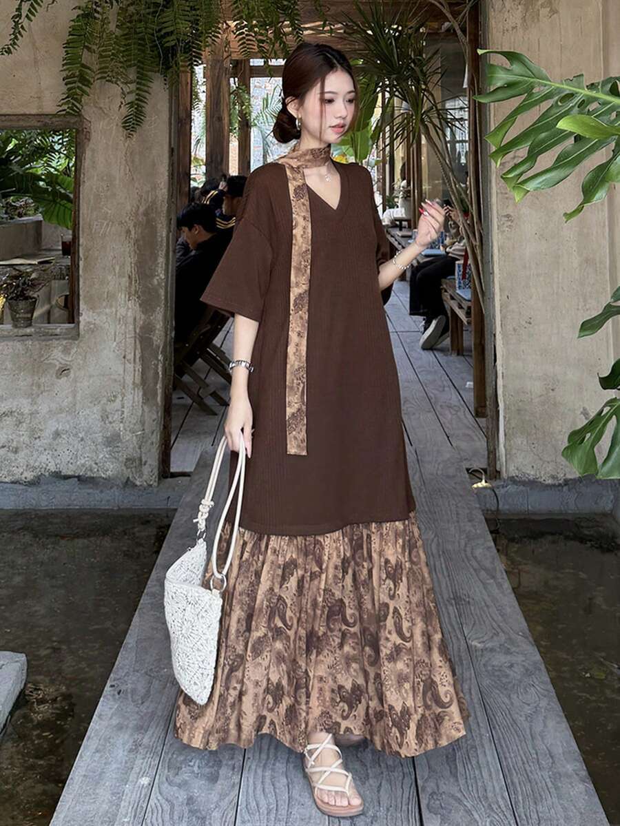 DAZY Women's Print Patchwork Tie-Up Elegant Dress - Coffee - View 1