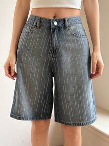 Livesso Women's Shiny Rhinestone Vintage Washed Loose Casual Street Music Festival Textured Striped Denim Shorts, Suitable For Summer And Spring Jorts - Medium Wash - View 5