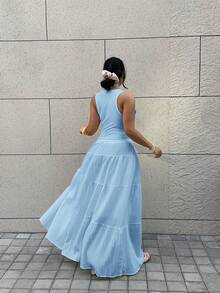 GalTyme Conjunto de 2 piezas de top de tirantes de cuello redondo azul claro y falda midi, talla grande - Celeste - Ver 2