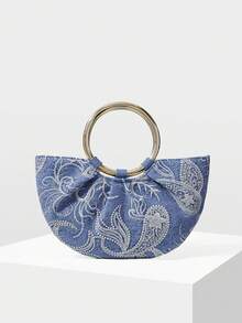 MOTF PREMIUM BOLSO DE MANO PARA MUJER, BOLSO DE TOTE SEMI-REDONDO CON BORDADO DELICADO - Celeste - Ver 5