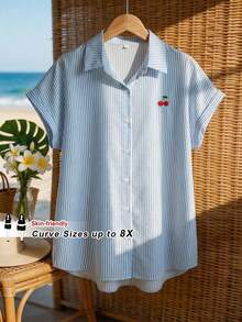 SHEIN CURVE+ Áo sơ mi mùa hè đơn giản, thoải mái, cỡ lớn - Màu xanh lam - Xem 2