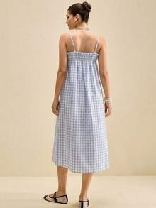 SHEIN Unity Gaun Mini Kotak-kotak Putih dan Biru Sederhana untuk Musim Panas, Tali Bahu Tipis yang Dapat Diatur, Kerah Berumbai, Cocok untuk Piknik, Gaya Vintage 90-an, Retro, Akademik, Kantor, Pesta, Pernikahan, dan Tamu. - Biru - View 4