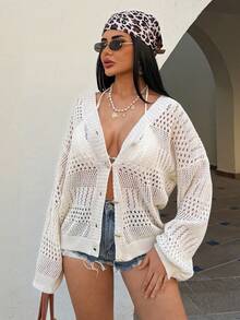 SHEIN Lightweight Open Knit Long Sleeve Cardigan With Hollow-Out Texture And Wooden Buttons For Chic Casual Spring Summer Layering - Apricot - View 4