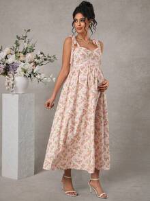 Momance 印花系带露肩优雅孕妇连衣裙 - 彩色 - 查看 5