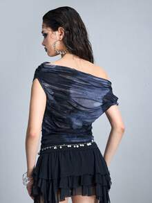 ROMWE Grunge Punk Distressed Tie-Dye Laser Cut Asymmetric Shoulder Fitted Top - Grey - View 3