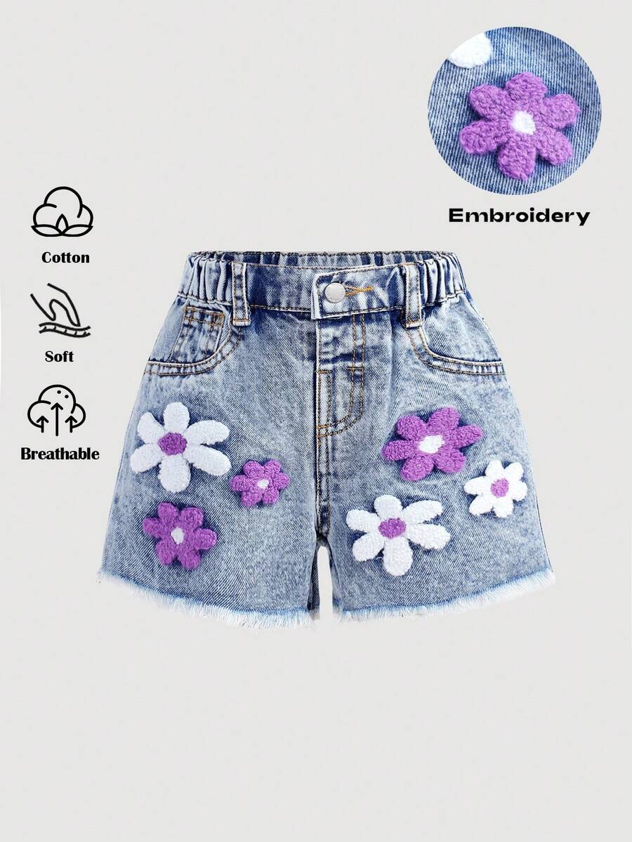 SHEIN 女嬰花卉刺繡藍色牛仔短褲,女童春夏休閒度假鄉村波希米亞風穿搭,電音節牛仔短褲 - 淺色水洗藍 - 查看 1