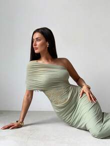 Aloruh Elegant Romantic Sexy Mesh Contrast Lace See-Through Waist One Shoulder Pleated Cold Shoulder Slim Fit Dress, Green Dress, Wedding Guest Dress, St. Patrick's Day Dress, Beach Holiday Dress - Green - View 5