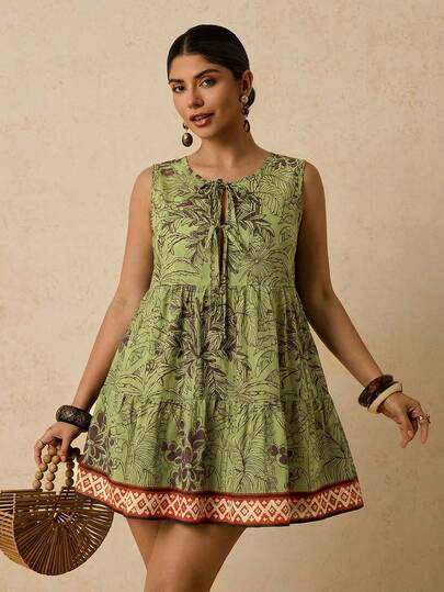 Travachic Plus Size Women Tropical Plant Print Tie Front Sleeveless Dress