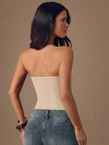 SHEIN BAE Bộ đồ liền thân màu đen gợi cảm, xuyên thấu, phối lưới, bất đối xứng, không dây đeo vai, thích hợp cho mùa thu/đông, Giáng sinh, Halloween, Ngày của người chết. - Màu be - Xem 2