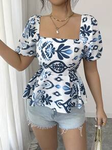 SHEIN Elenzya Women's White And Blue Floral Square Collar Puff Sleeve Waist Cinched A-Line Blouse,Elegant Summer Tea Party French Retro Short Sleeve Fashion Top - Multicolor - View 5