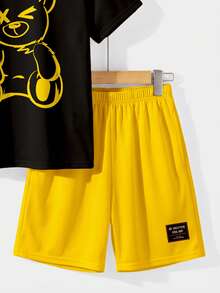 男童新款休闲简约可爱卡通熊图案撞色运动风宽松舒适圆领短袖T恤，适合春夏穿着 - 彩色 - 查看 5