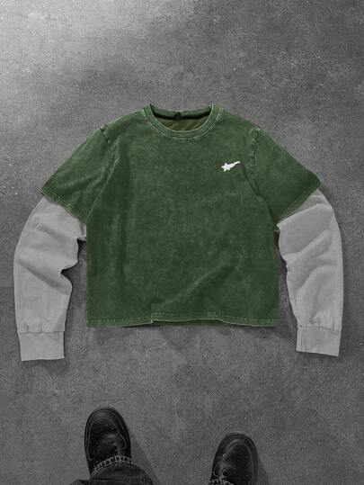 PAVTROS 1pc Men's Sweatshirt, Minimalist Graphic Chest Floral Design, Crew Neck Pullover Sweatshirt, Short Style, Black & White Contrast, Sporty Casual Everyday Wear, Suitable For Boyfriend/Husband Gift, Unisex Green Sweater Cropped Long Sleeve Men