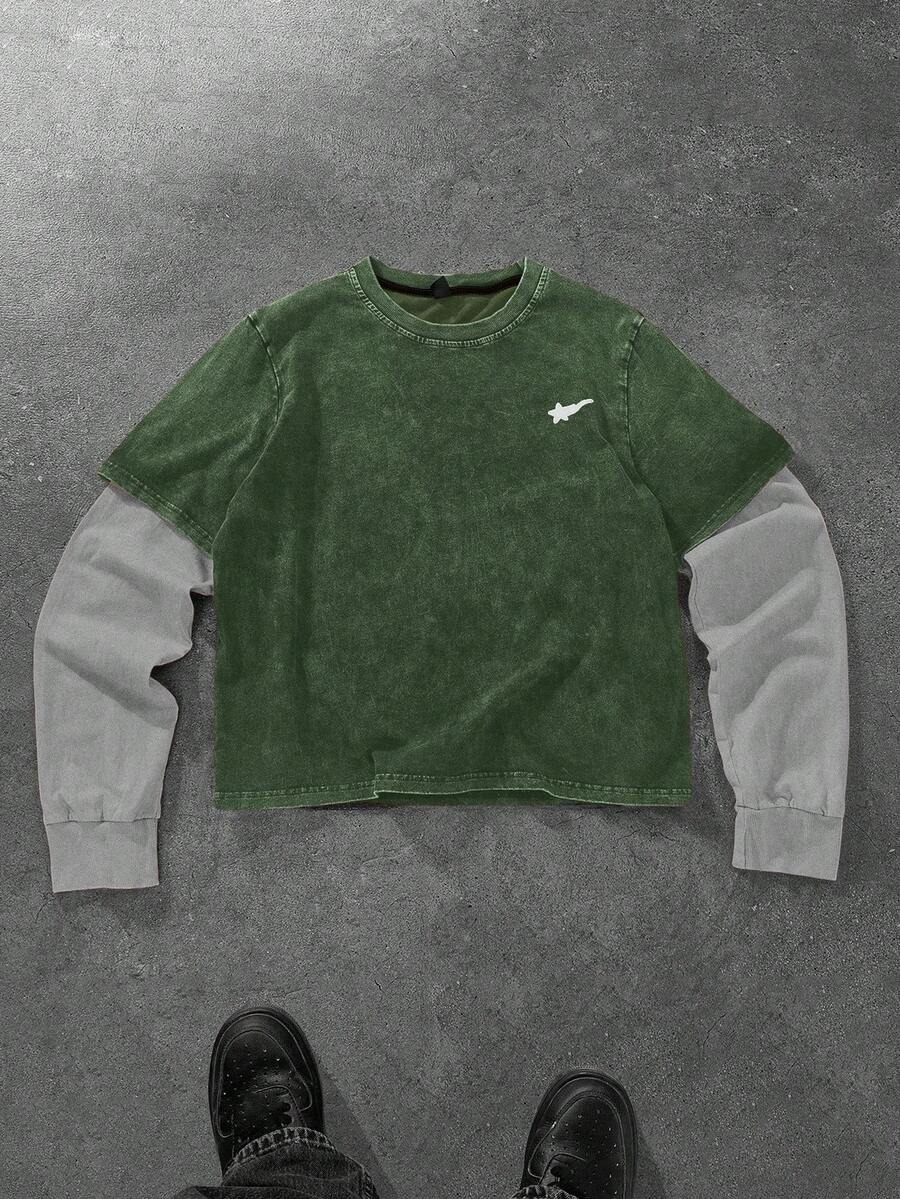 PAVTROS 男士卫衣，简约胸前花卉图案，圆领套头衫，短款，黑白撞色，运动休闲日常穿着，适合送给男友/老公，男女皆宜 - 墨綠色 - 查看 1