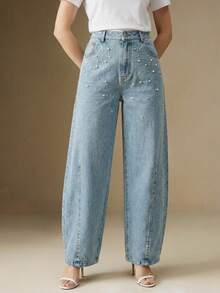 Anewsta Women's Washed Blue Spring Jeans, American Loose Wide-Leg Flared Jeans With Rhinestone And Pearl Decor - Medium Wash - View 4