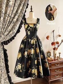 Vintamour 复古经典优雅女士连衣裙，春夏修身金色箔片吊带裙，伞裙摆黑色连衣裙 - 黑色 - 查看 1