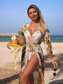 Swim Lushoire Fashionable High-End Printed Drawstring Tie Swimsuit Cover-Up Kimono For Women, Summer - Multicolor - View 4