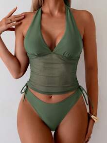 Swim Chiccia 女士两件式比基尼套装，休闲度假风 - 軍綠色 - 查看 3