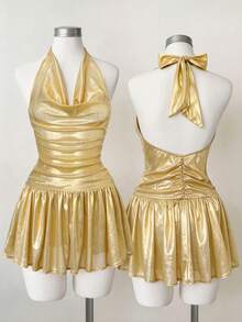Franclia 优雅性感夏日连衣裙，闪亮金色面料垂褶露背迷你连衣裙，百搭时尚休闲连衣裙，适合海滩、音乐节、约会、情人节、派对等场合。金色鸡尾酒会礼服，金属质感连衣裙，吊带连衣裙，金色连衣裙，女士金色套装，金色金属质感连衣裙，女士金色连衣裙，金色吊带连衣裙，金属质感鸡尾酒会礼服，金色短款连衣裙，褶皱金色连衣裙，闪光金色连衣裙 - 金色 - 查看 2