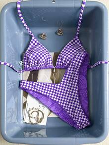 Swim Mod 女款夏季海灘度假泳池派對全印花掛脖繫帶休閒Y2k比基尼與三角泳褲泳衣套裝 紫色花卉 - 紫色 - 查看 7