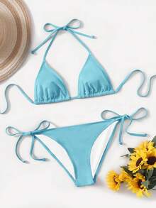 Swim Basics Women's Blue Summer Bikini Set,Halter Tie Solid Color Triangle Panty Swimwear For Beach Party,Holiday,Boho Vacation,Cruise,Music Festival & Road Trip - Blue - View 5