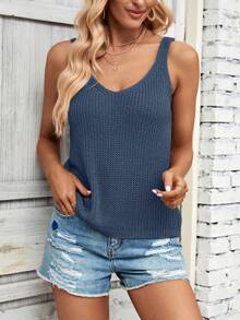 Breezaya Casual Plain Textured Sleeveless Knit Top For Women Dusty Blue V Neck Tank Top Sweater Casual Summer Outfits For Woman - Dusty Blue - View 4