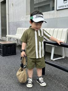 SHEIN Playful Pals 2件組嬰兒男寶寶夏季綠色與白色條紋套裝，休閒立領短袖襯衫與短褲，幼兒男童城市度假穿搭 - 綠色 - 查看 9